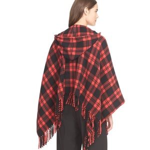 Kate Spade Wool Red Plaid Poncho Cape With Hood